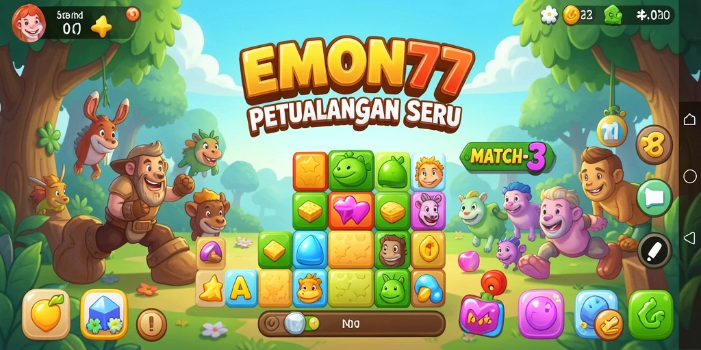 Screenshot gameplay EMON77 yang penuh warna dan tantangan Match-3.