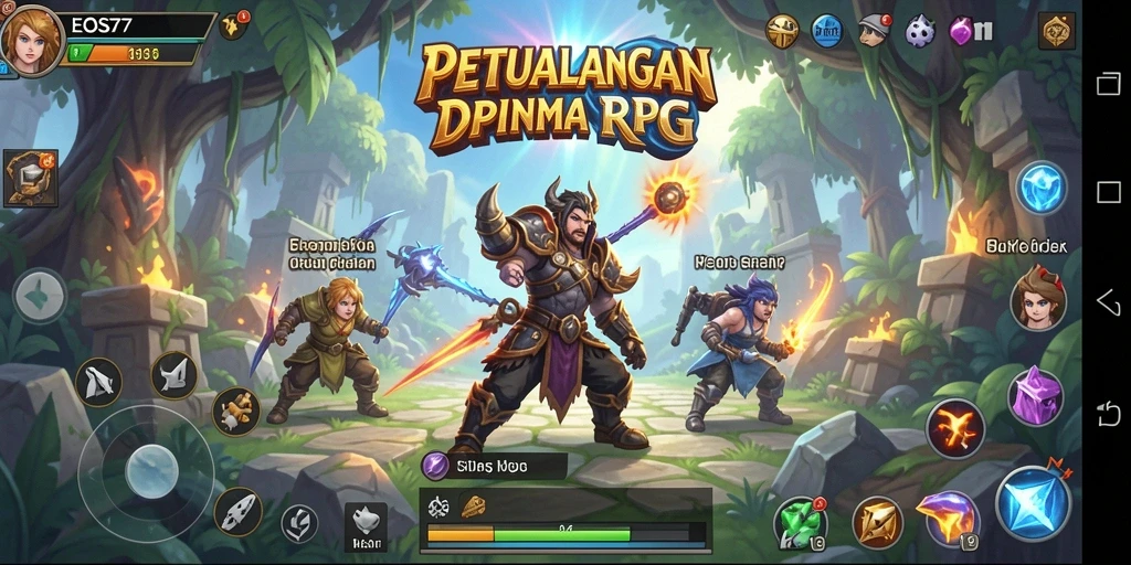 Screenshot gameplay EOS77 menunjukkan aksi seru dalam pertarungan RPG.