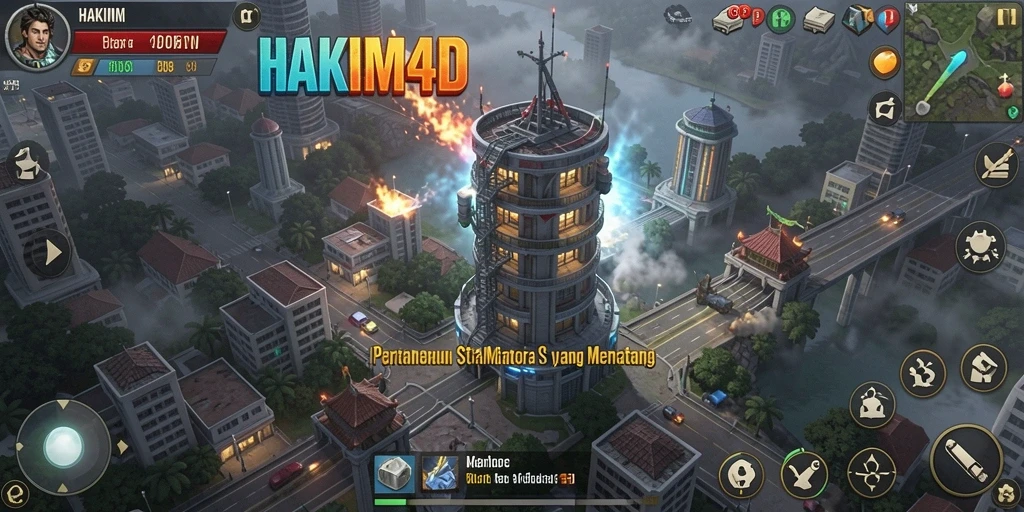 Tampilan gameplay HAKIM4D dengan menara yang menakjubkan.