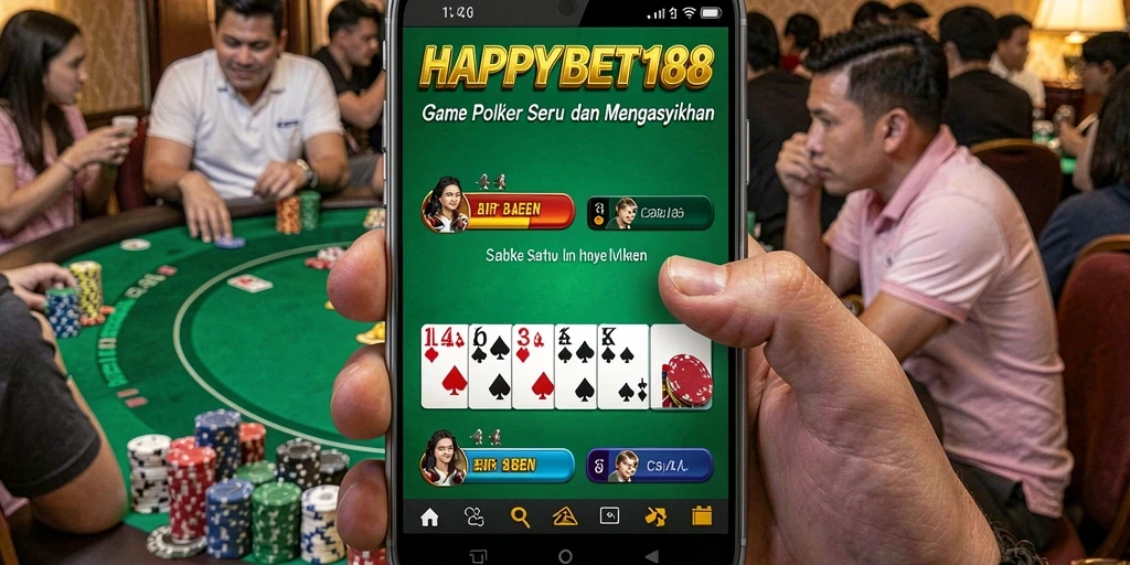 Screenshot utama menampilkan gameplay seru dalam <strong>HAPPYBET188</strong> dengan poker yang mendebarkan.