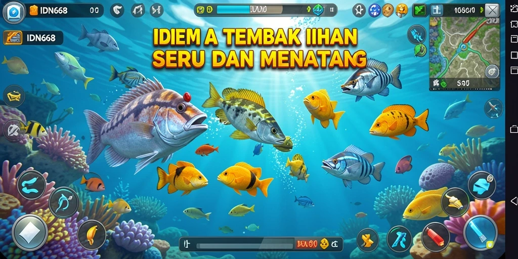 Screenshot gameplay IDN668 dengan ikan berwarna-warni dalam aksi.