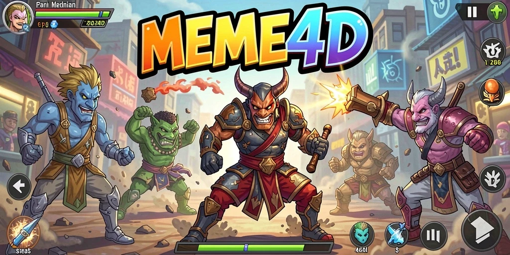 Gameplay seru dalam MEME4D dengan karakter unik dan pertarungan menegangkan.