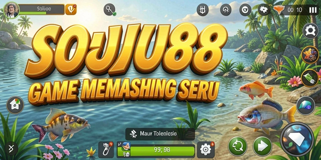Tampilan aksi memancing seru di SOJU88 yang penuh dengan ikan berwarna-warni.
