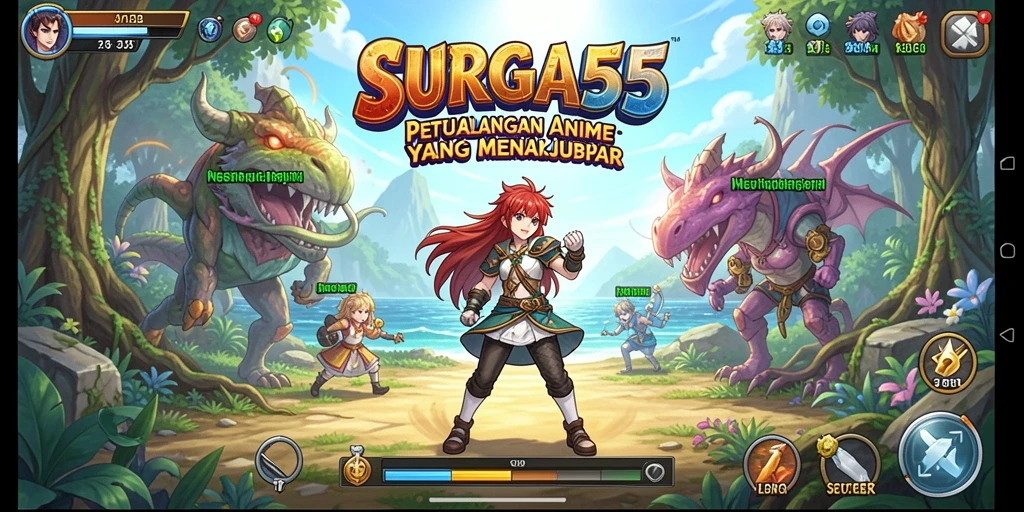 Tampilan dinamis gameplay SURGA55 dengan karakter Anime yang menarik.