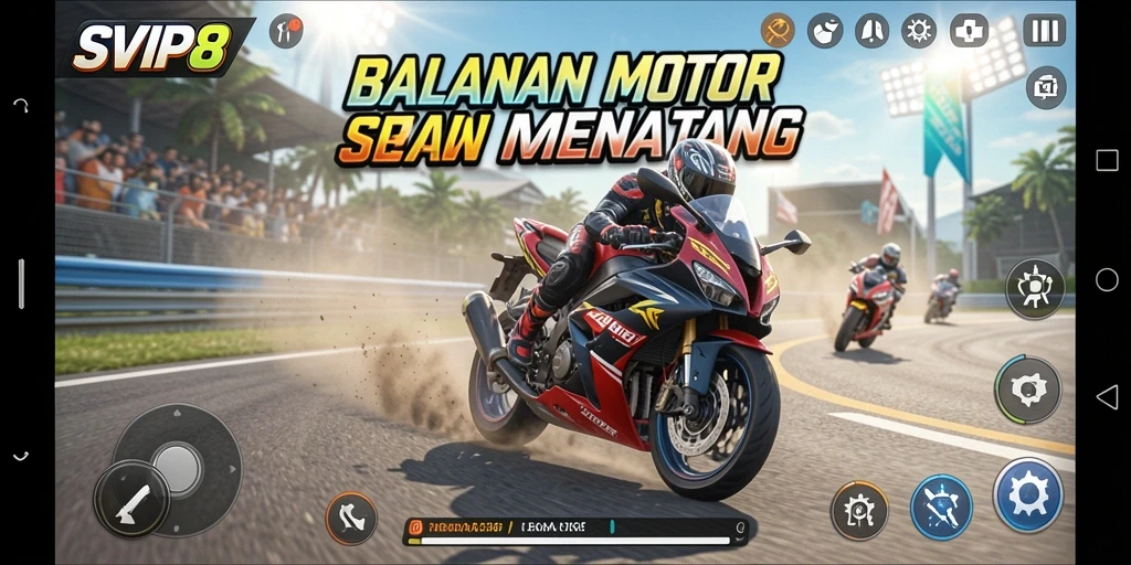 Screenshot gameplay balapan motor dalam SVIP8 yang mendebarkan.