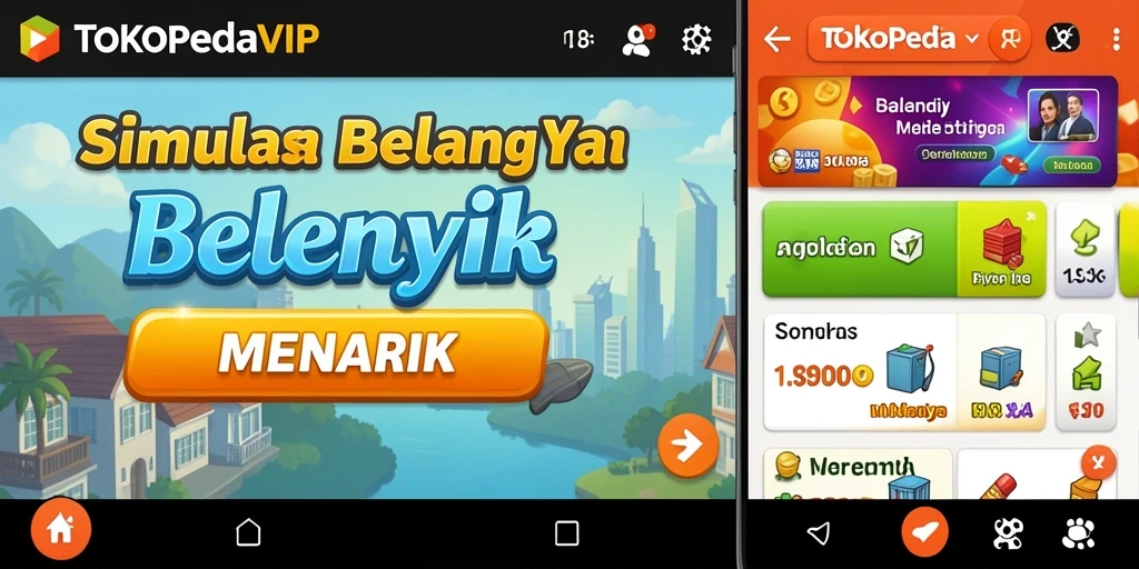 Screenshot gameplay TOKOPEDIAVIP menampilkan berbagai produk di toko virtual yang dikelola pemain.